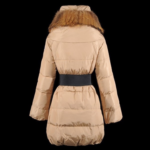 Moncler Moda Khaki cintura e collo di pelliccia lunga Cappotti